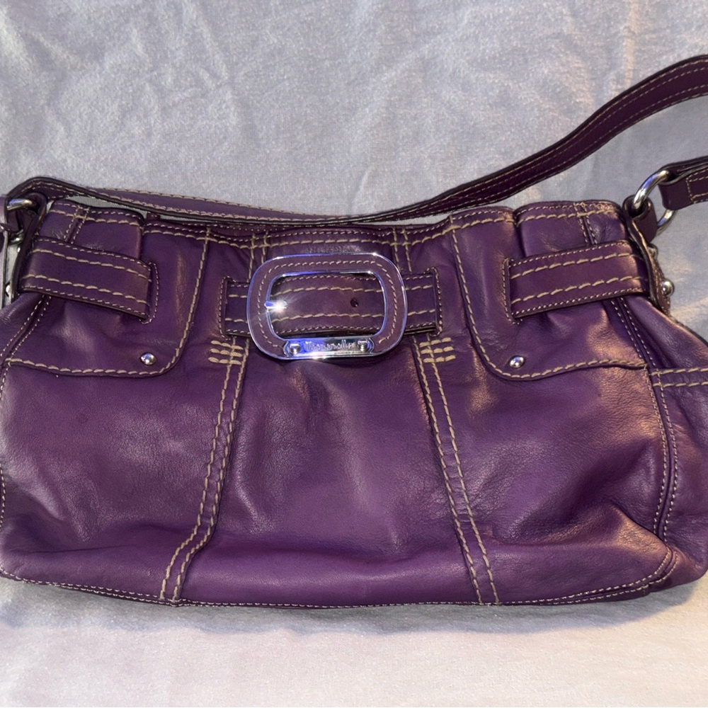 Purple Leather Shoulder Bag with Buckle Accent